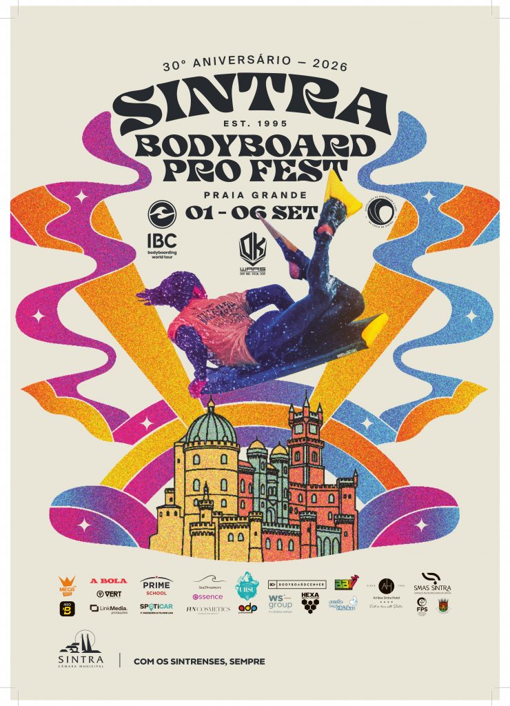 Cartaz do Sintra Bodyboard Pro Fest, com cores e um atleta em destaque a efetuar uma manobra
